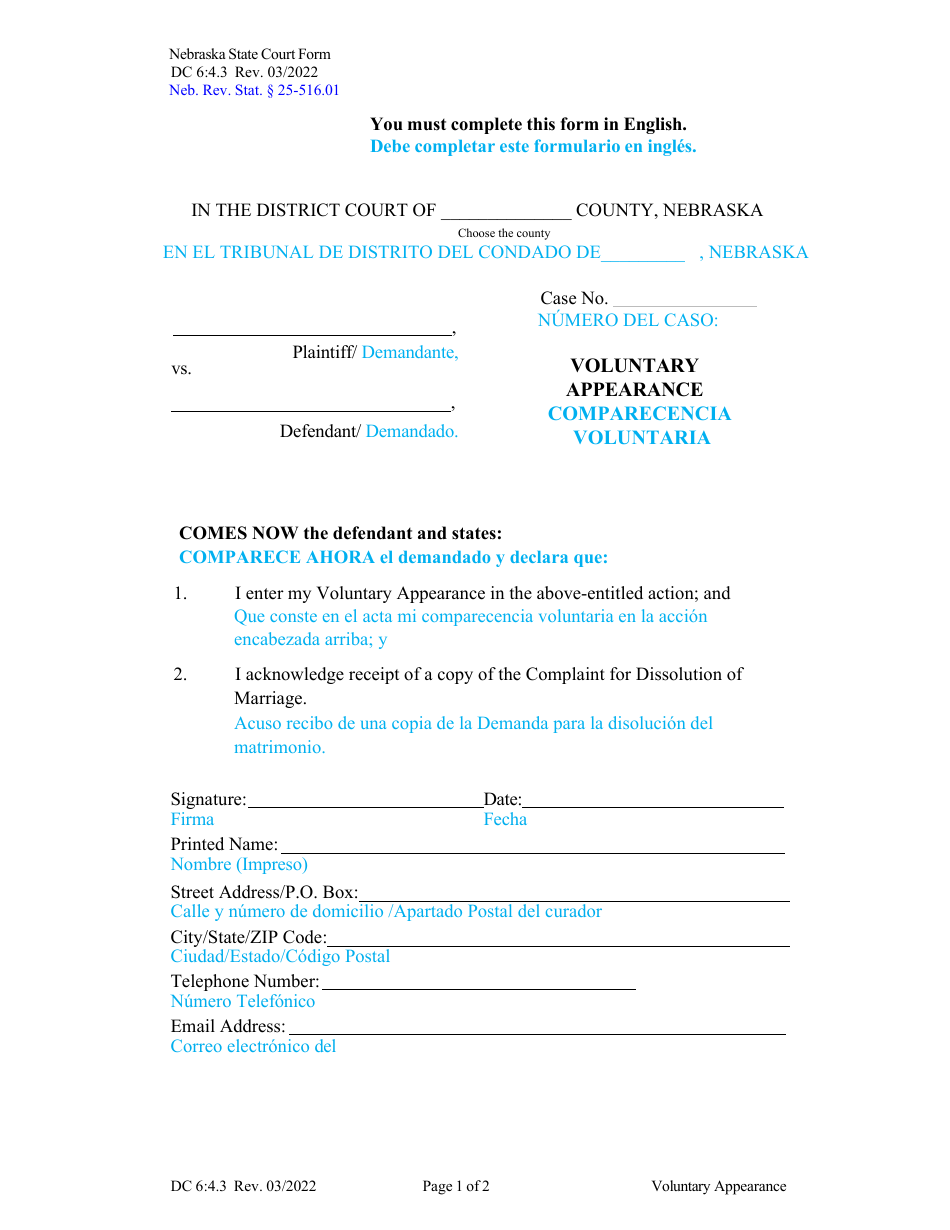 Form DC6:4.3 Voluntary Appearance - Nebraska (English / Spanish), Page 1
