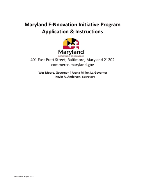 Maryland E-Nnovation Initiative Program Application - Maryland Download Pdf