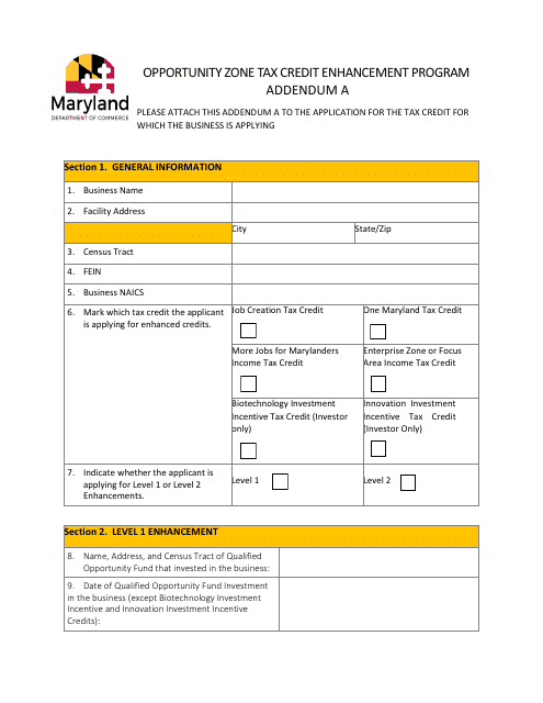 Addendum A Opportunity Zone Tax Credit Enhancement Program Application - Maryland