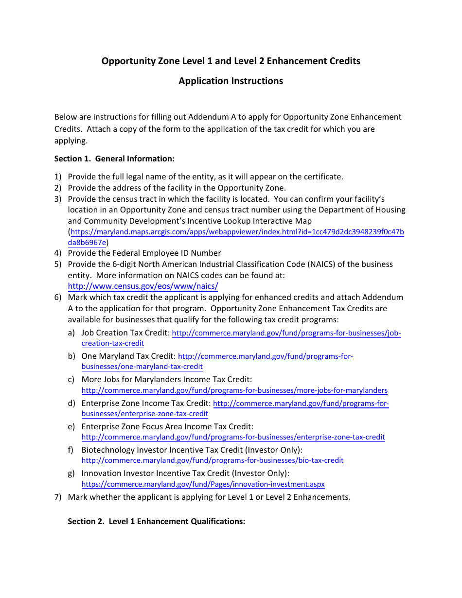 Addendum A Opportunity Zone Tax Credit Enhancement Program Application - Maryland, Page 4