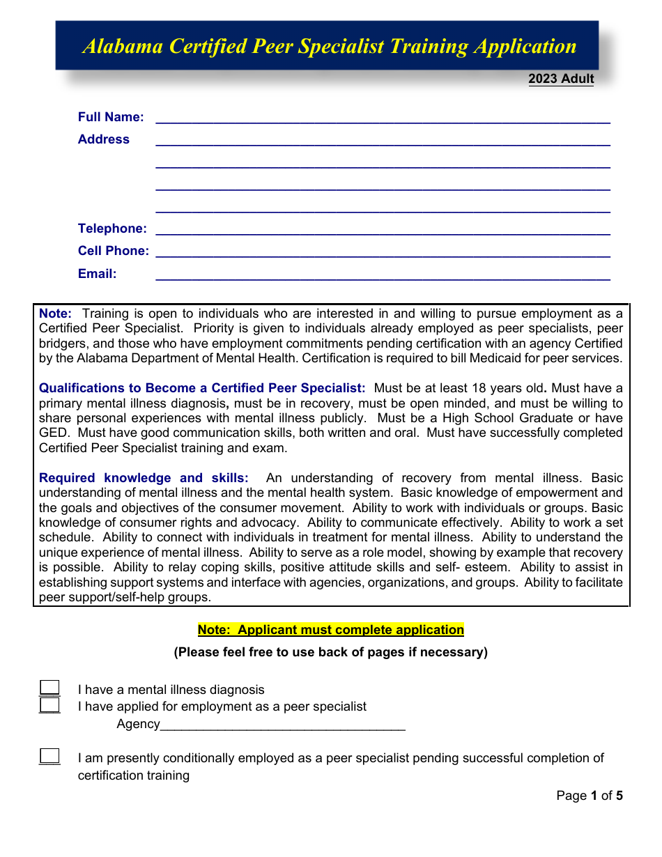 Alabama Certified Peer Specialist Training Application - Alabama, Page 1