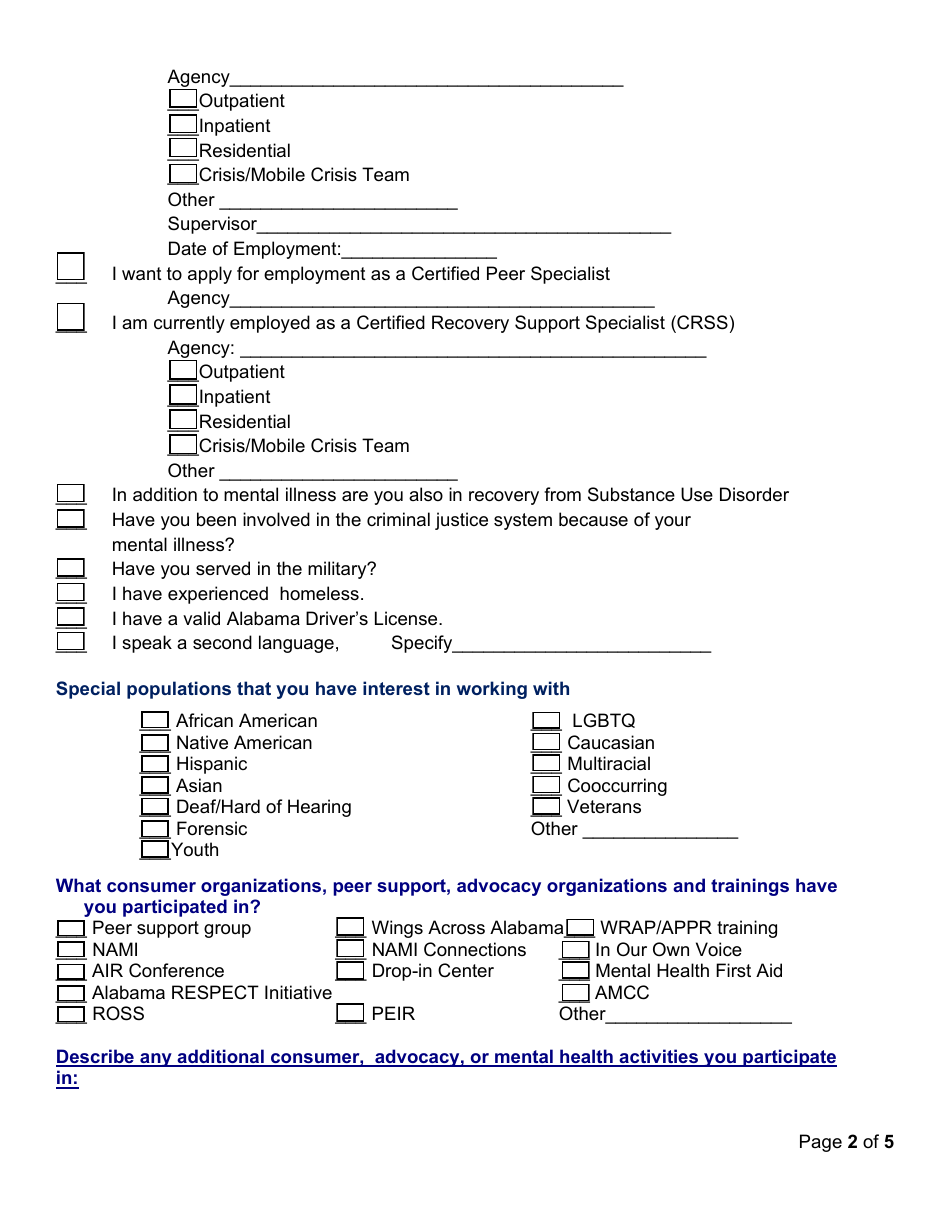 Alabama Certified Peer Specialist Training Application - Alabama, Page 2