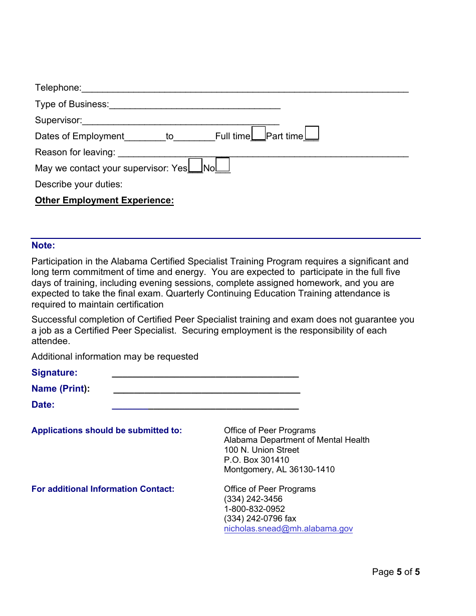 Alabama Certified Peer Specialist Training Application - Alabama, Page 5