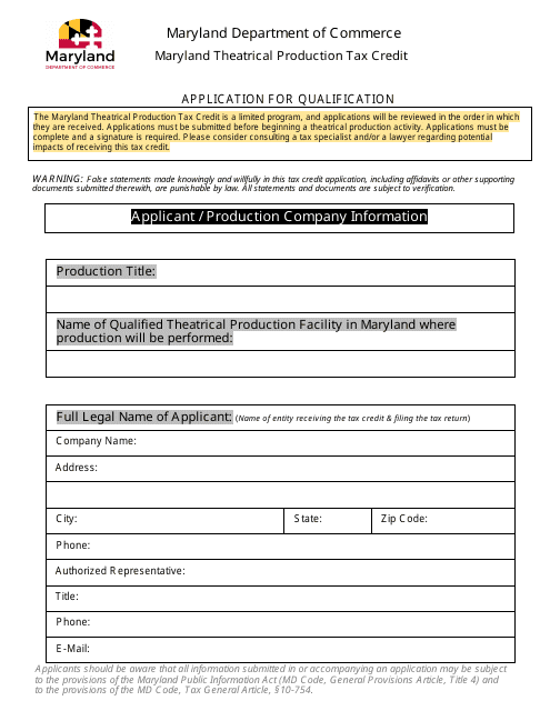 Maryland Theatrical Production Tax Credit - Application for Qualification - Maryland Download Pdf