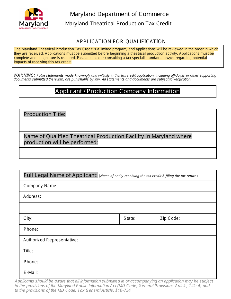 Maryland Theatrical Production Tax Credit - Application for Qualification - Maryland, Page 1