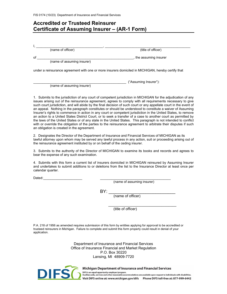 Form AR-1 (FIS0174) Accredited or Trusteed Reinsurer Certificate of Assuming Insurer - Michigan, Page 1