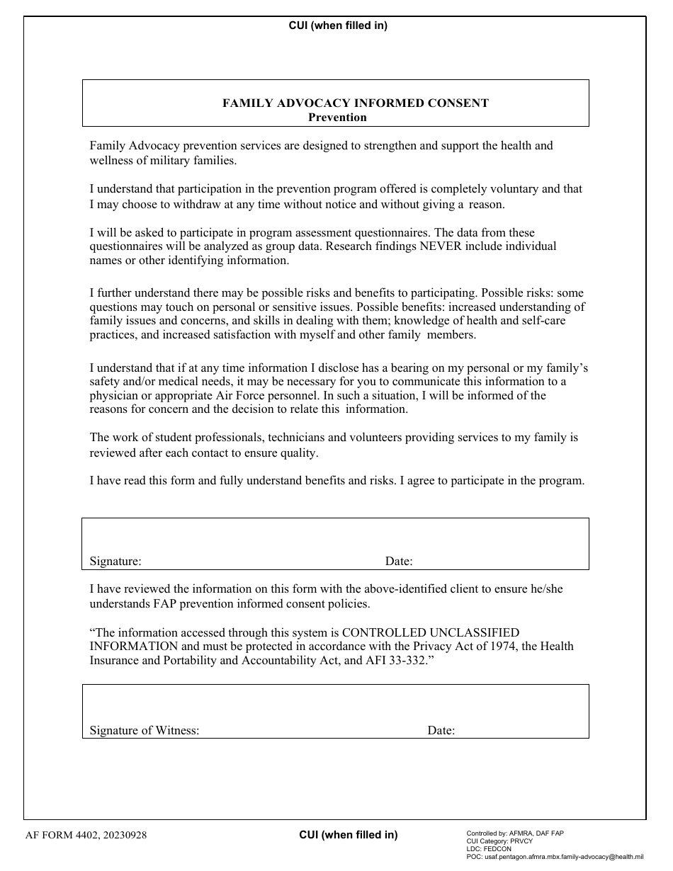 AF Form 4402 Amily Advocacy Informed Consent, Page 1
