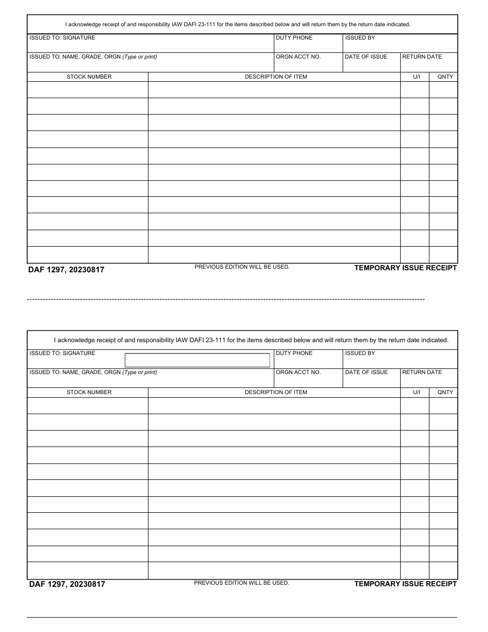 DAF Form 1297 Temporary Issue Receipt, Page 1
