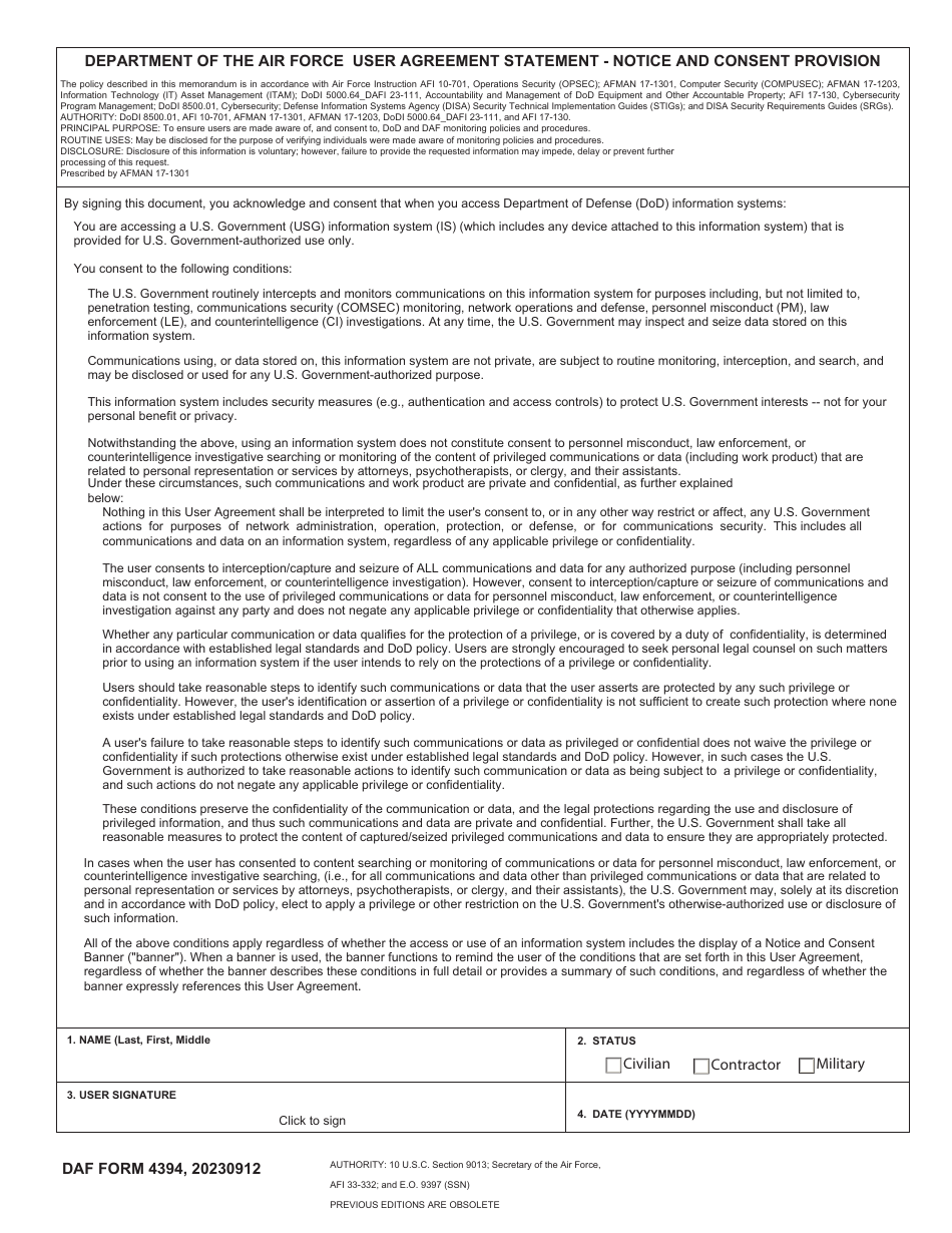 DAF Form 4394 Department of the Air Force User Ageement Statement - Notice and Consent Provisions, Page 1