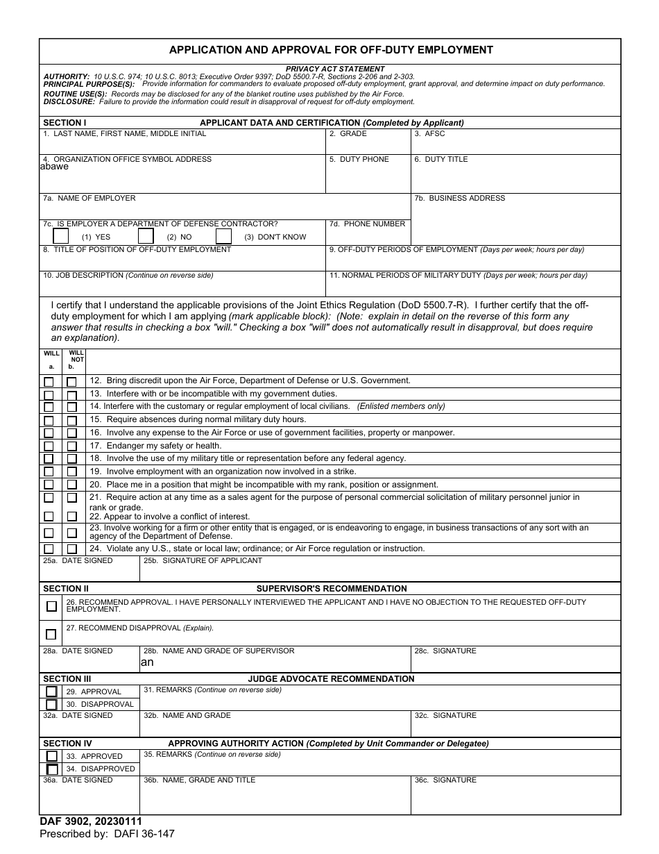 DAF Form 3902 Application and Approval for off-Duty Employment, Page 1