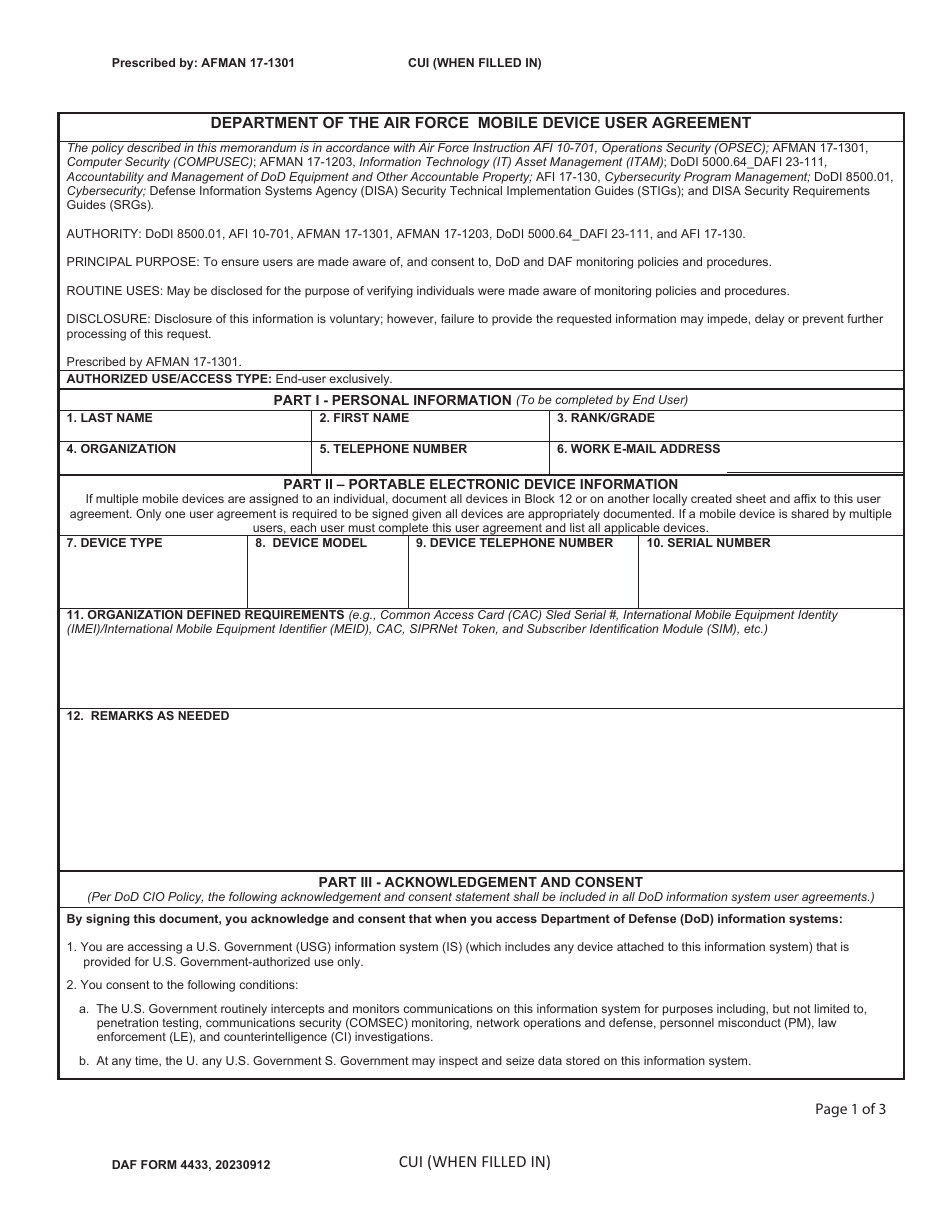 DAF Form 4433 Department of the Air Force Mobile Device User Agreement, Page 1