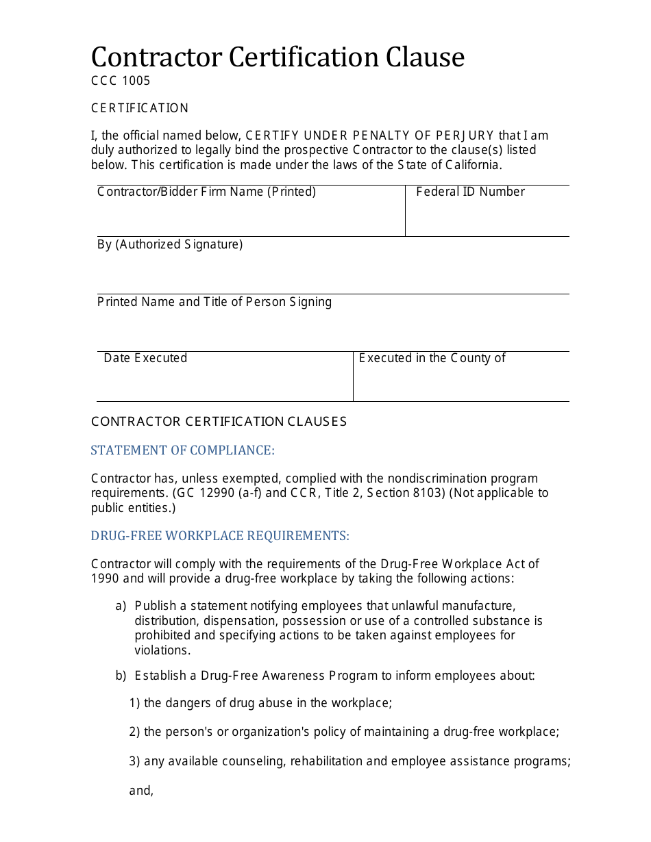 Form CCC1005 Contractor Certification Clause - California, Page 1
