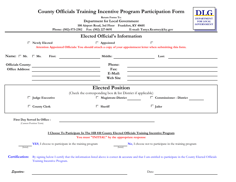 County Officials Training Incentive Program Participation Form - Kentucky Download Pdf