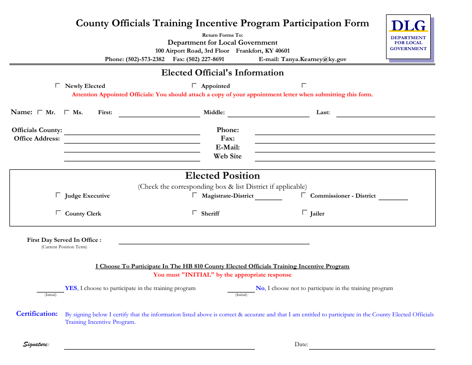 County Officials Training Incentive Program Participation Form - Kentucky, Page 1