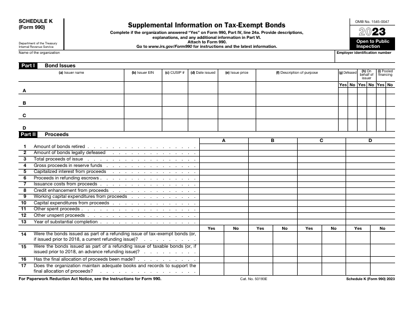 IRS Form 990 Schedule K Supplemental Information on Tax-Exempt Bonds, 2023