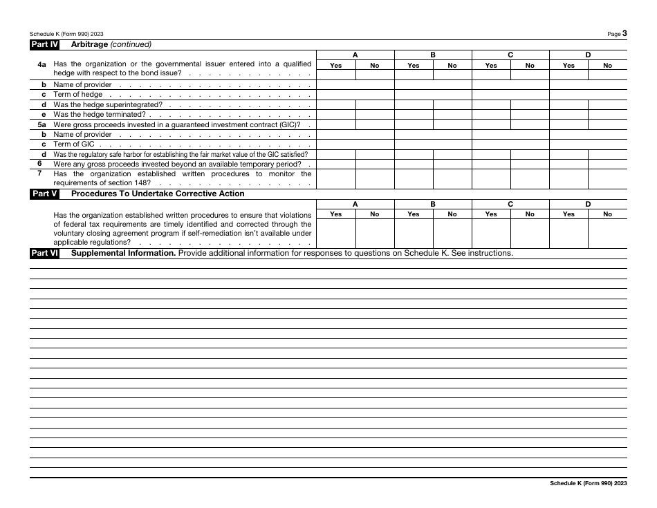 IRS Form 990 Schedule K Supplemental Information on Tax-Exempt Bonds, Page 3