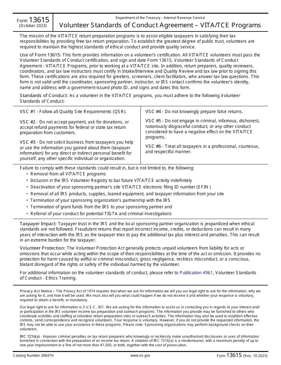 IRS Form 13615 Volunteer Standards of Conduct Agreement - Vita / Tce Programs, Page 1