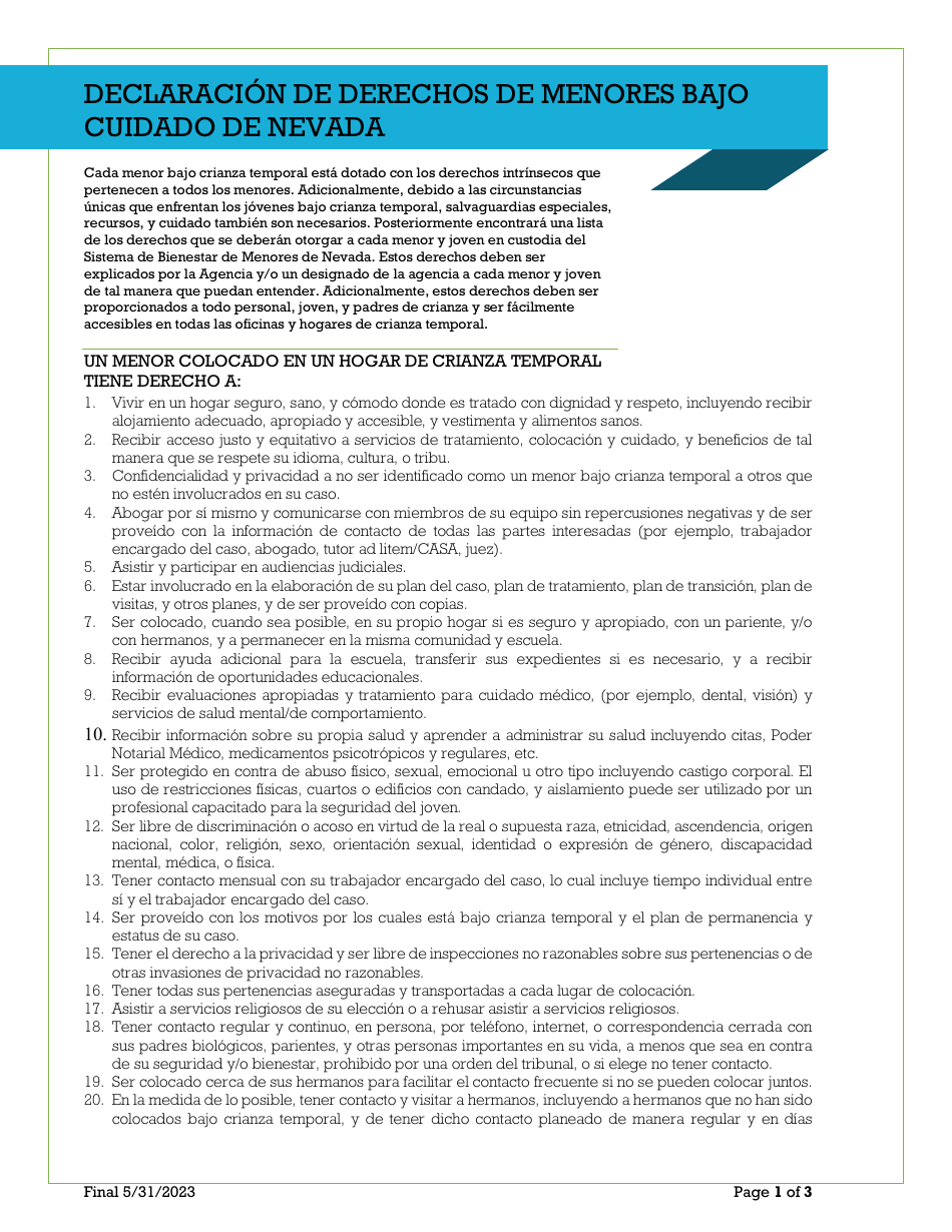 Declaracion De Derechos De Menores Bajo Cuidado De Nevada - Nevada (Spanish), Page 1