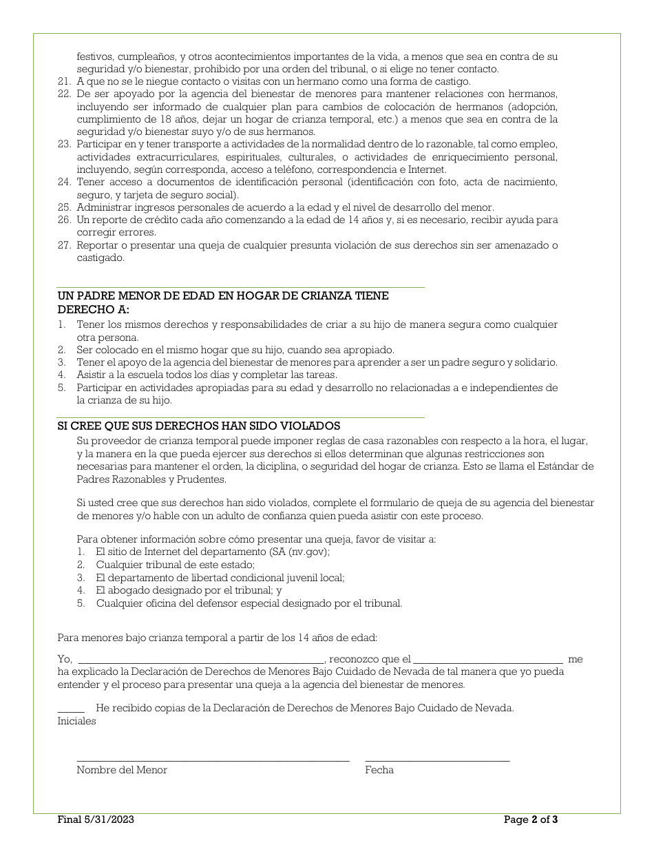 Declaracion De Derechos De Menores Bajo Cuidado De Nevada - Nevada (Spanish), Page 2