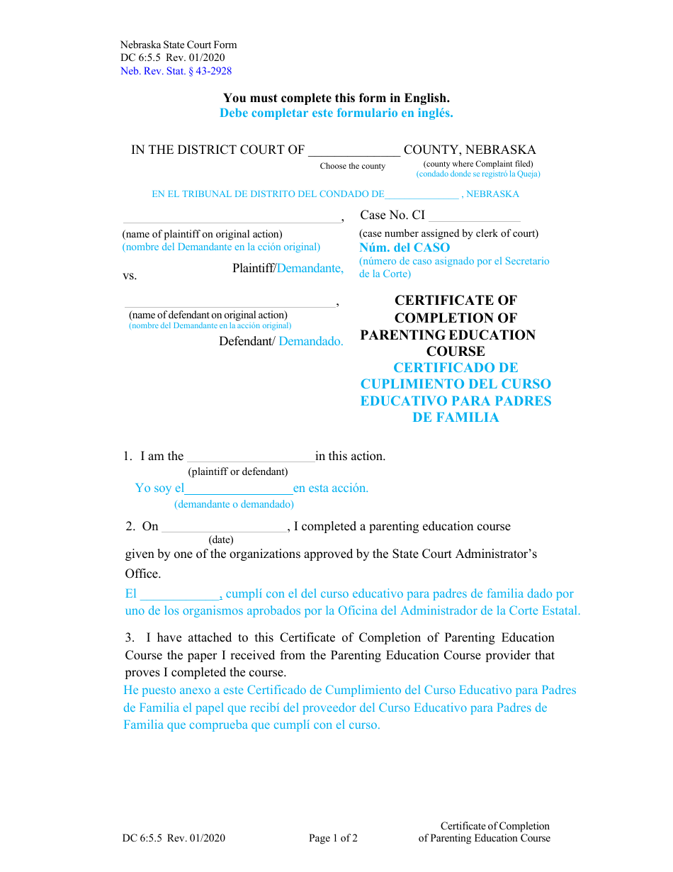 Form DC6:5.5 Certificate of Completion of Parenting Education Course - Nebraska (English / Spanish), Page 1