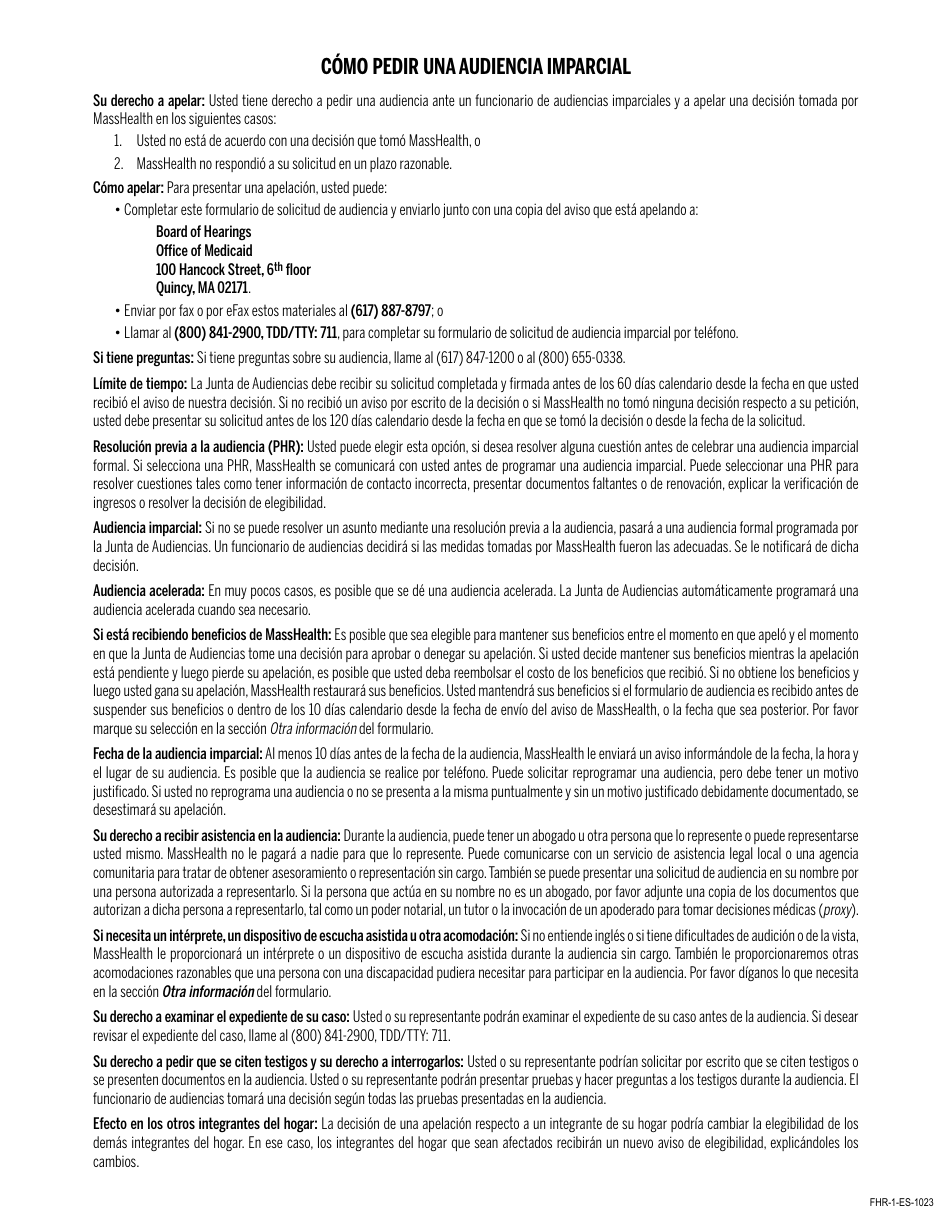 Formulario FHR-1-ES Formulario De Solicitud De Audiencia Imparcial - Massachusetts (Spanish), Page 2