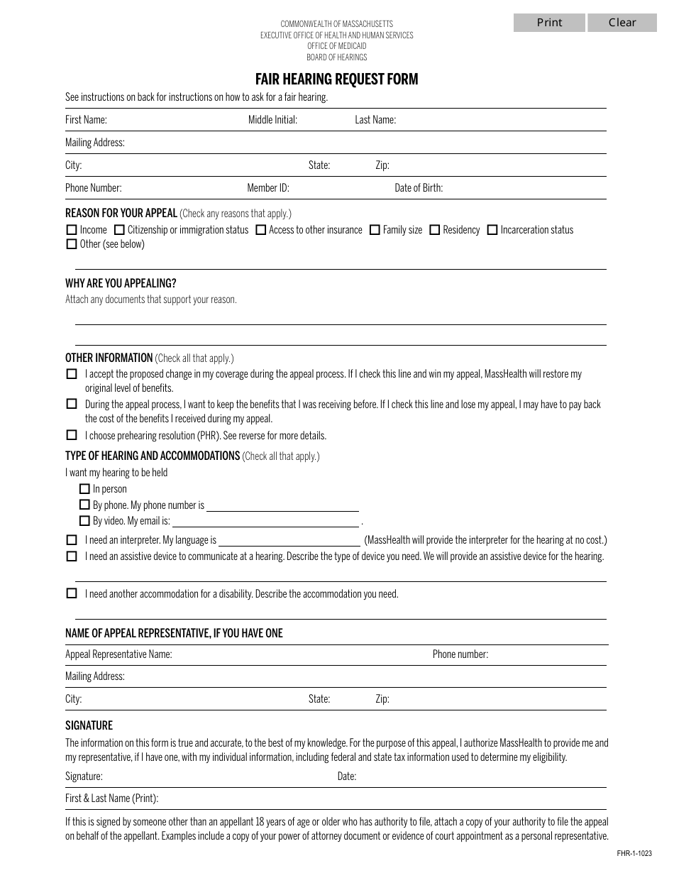 Form FHR-1 Fair Hearing Request Form - Massachusetts, Page 1