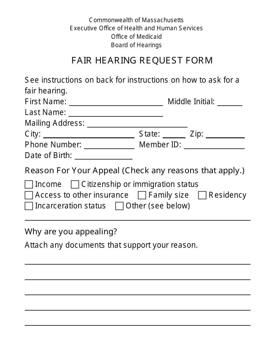 Form FHR-1-LP Fair Hearing Request Form (Large Print) - Massachusetts, Page 1