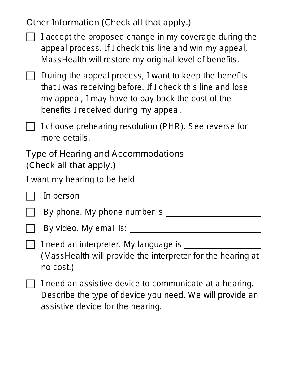 Form FHR-1-LP Fair Hearing Request Form (Large Print) - Massachusetts, Page 2
