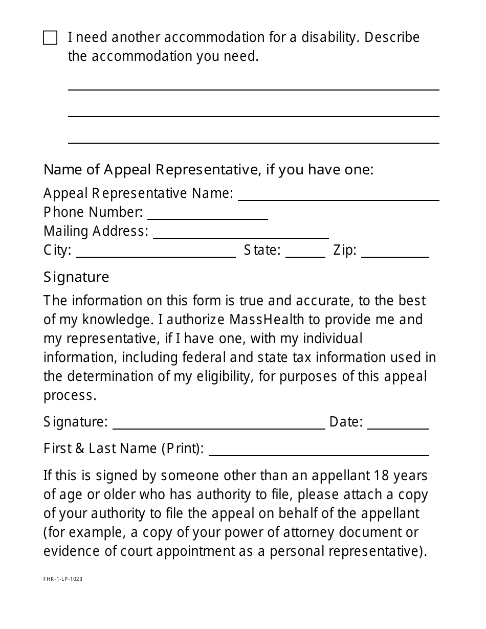 Form FHR-1-LP Fair Hearing Request Form (Large Print) - Massachusetts, Page 3