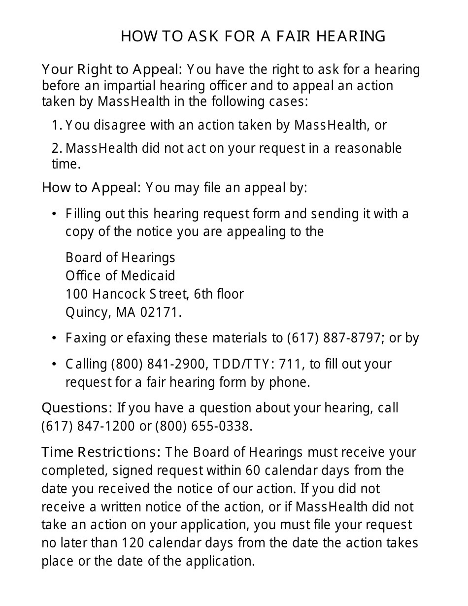 Form FHR-1-LP Fair Hearing Request Form (Large Print) - Massachusetts, Page 4