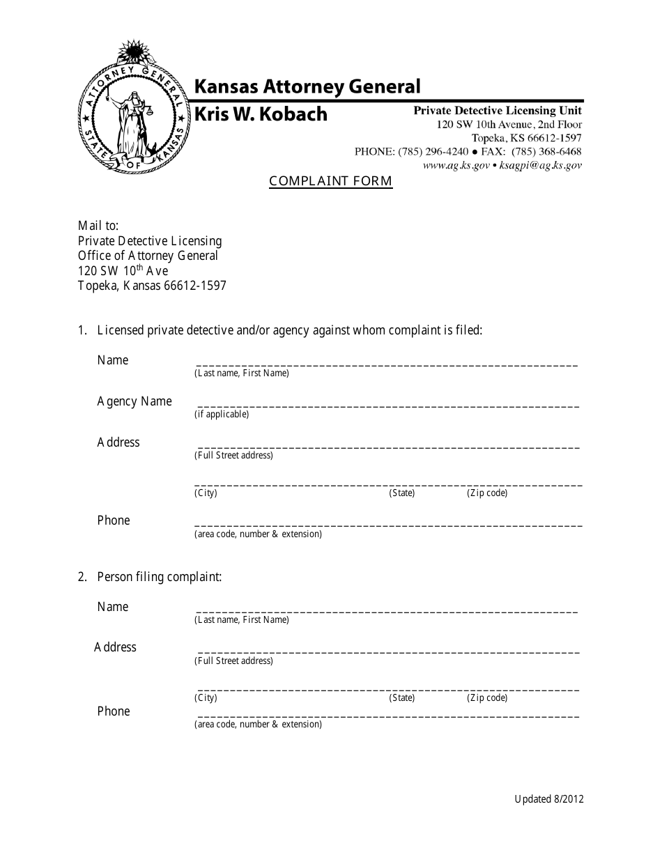 Private Detective Complaint Form - Kansas, Page 1
