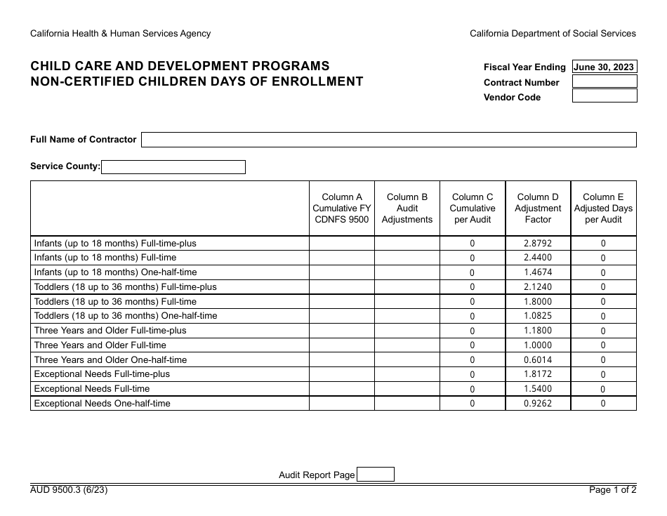 Form AUD9500.3 Child Care and Development Programs Non-certified Children Days of Enrollment - California, Page 1