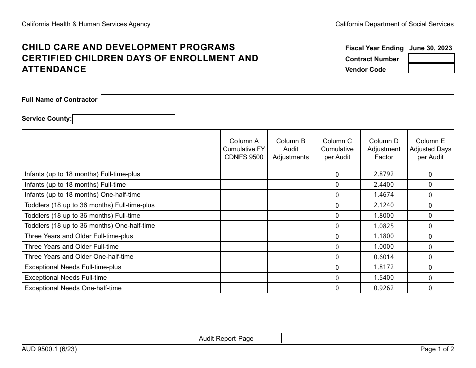 Form AUD9500.1 Certified Children Days of Enrollment and Attendance - Child Care and Development Programs - California, Page 1