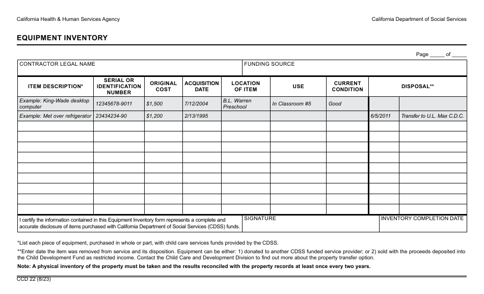 Form CCD22 Download Fillable PDF or Fill Online Equipment Inventory ...