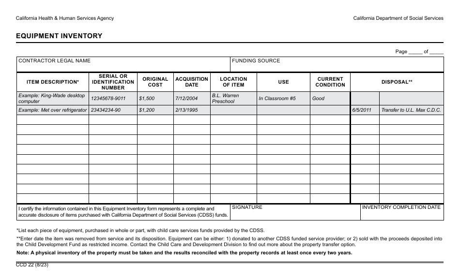 Form CCD22 Equipment Inventory - California, Page 1