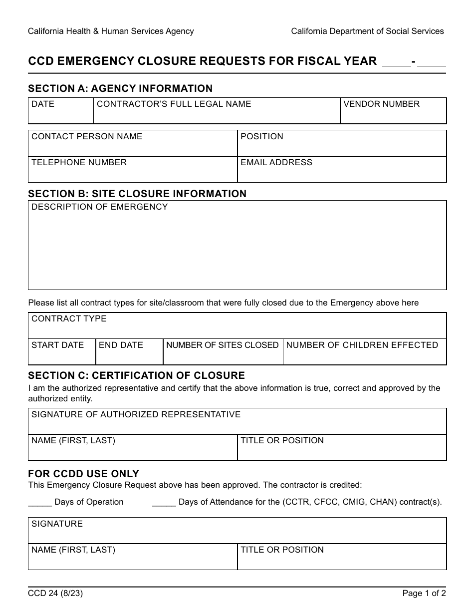 Form CCD24 Ccd Emergency Closure Requests for Fiscal Year - California, Page 1