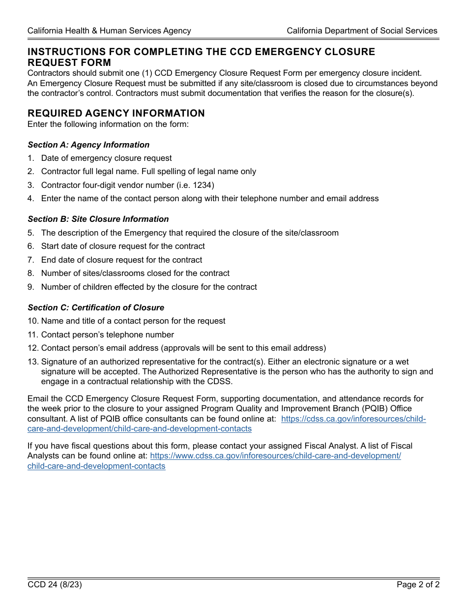 Form CCD24 Ccd Emergency Closure Requests for Fiscal Year - California, Page 2