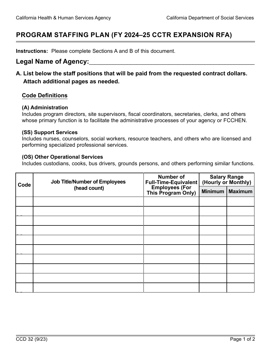 Form CCD32 Program Staffing Plan (Cctr Expansion Rfa) - California, Page 1