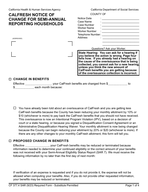 Form CF377.4 SAR CalFresh Notice of Change for Semi-annual Reporting Households - California