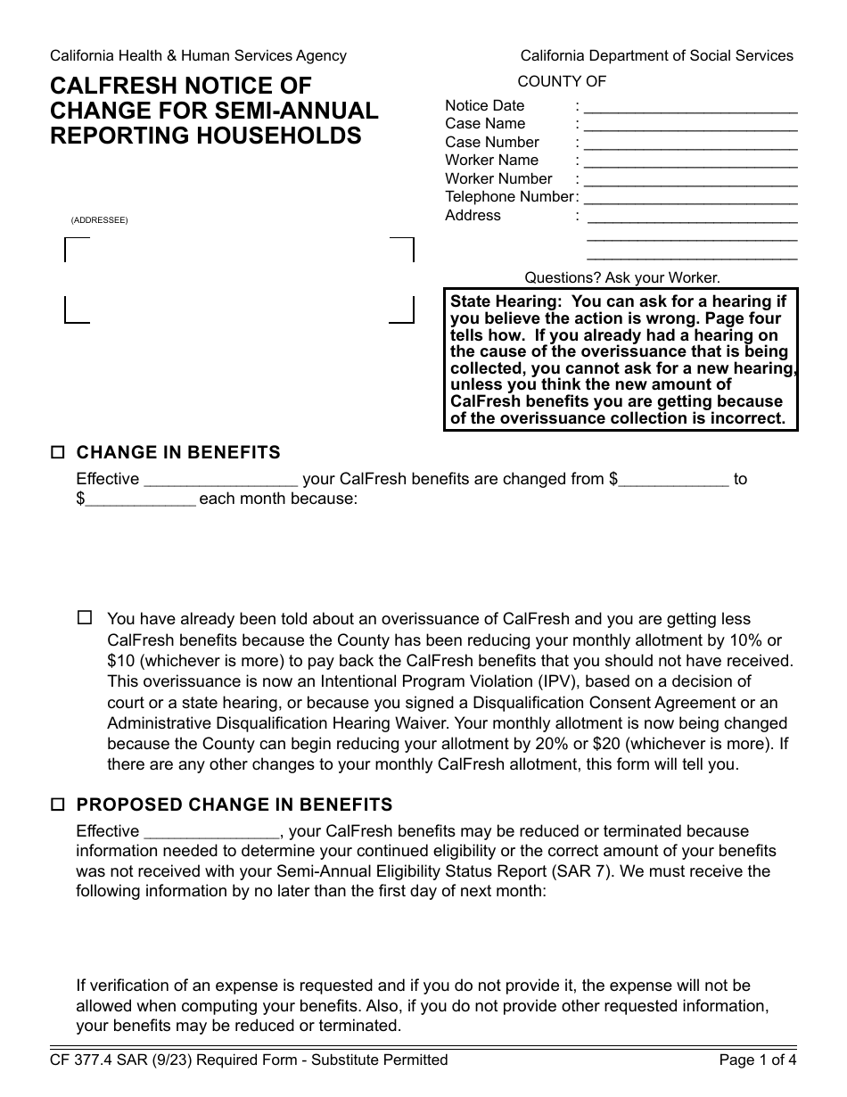 Form CF377.4 SAR CalFresh Notice of Change for Semi-annual Reporting Households - California, Page 1