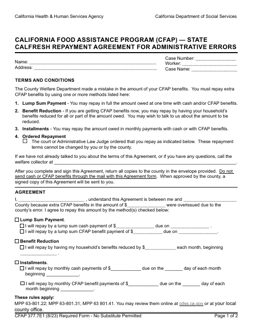 Form CFAP377.7E1 State CalFresh Repayment Agreement for Administrative Errors - California Food Assistance Program (Cfap) - California