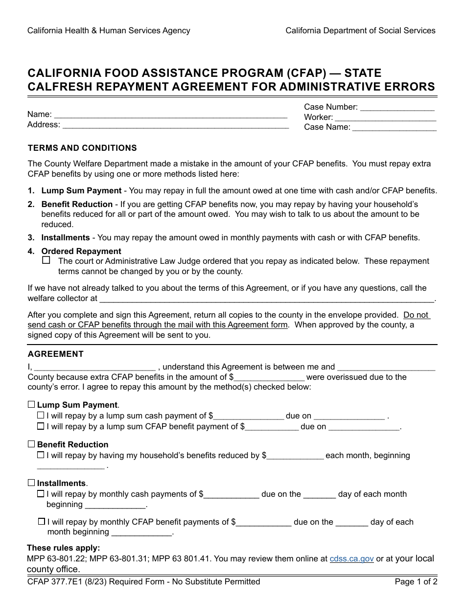Form CFAP377.7E1 State CalFresh Repayment Agreement for Administrative Errors - California Food Assistance Program (Cfap) - California, Page 1