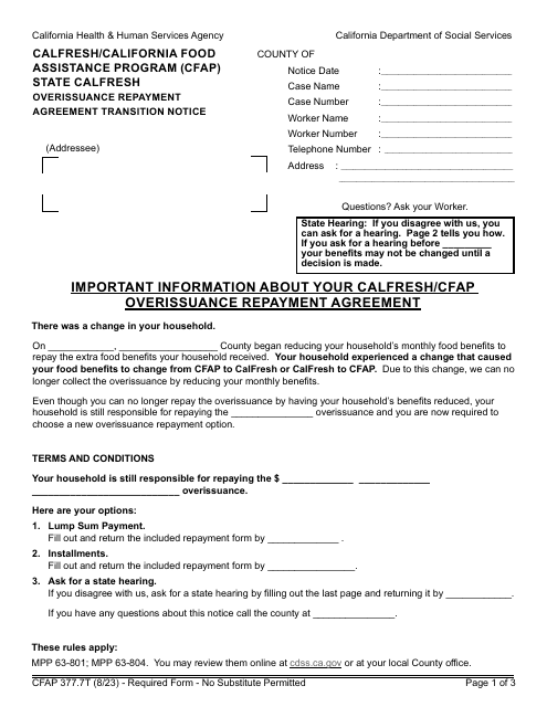 Form CFAP377.7T Overissuance Repayment Agreement Transition Notice - CalFresh/California Food Assistance Program (Cfap) - California