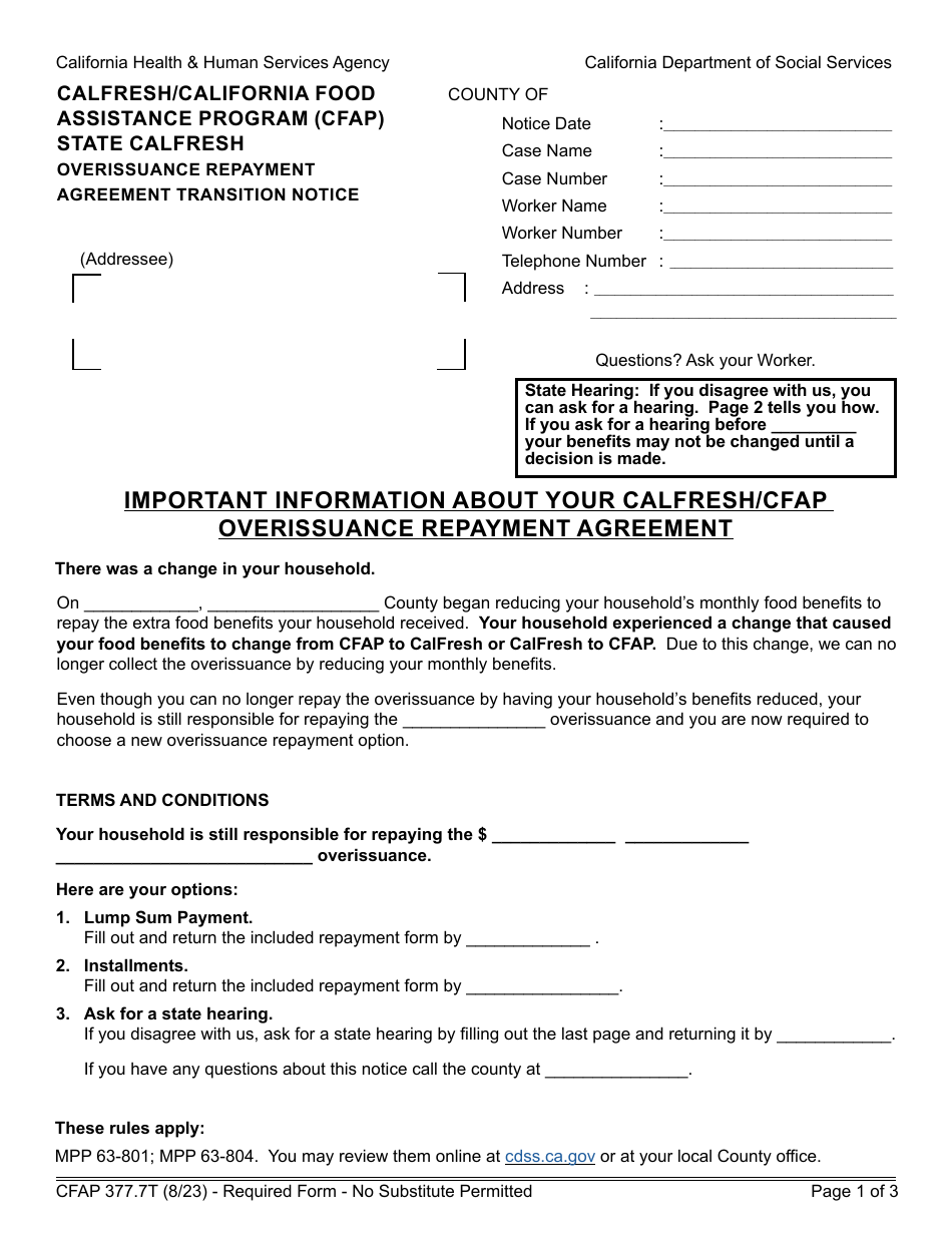 Form CFAP377.7T Overissuance Repayment Agreement Transition Notice - CalFresh / California Food Assistance Program (Cfap) - California, Page 1
