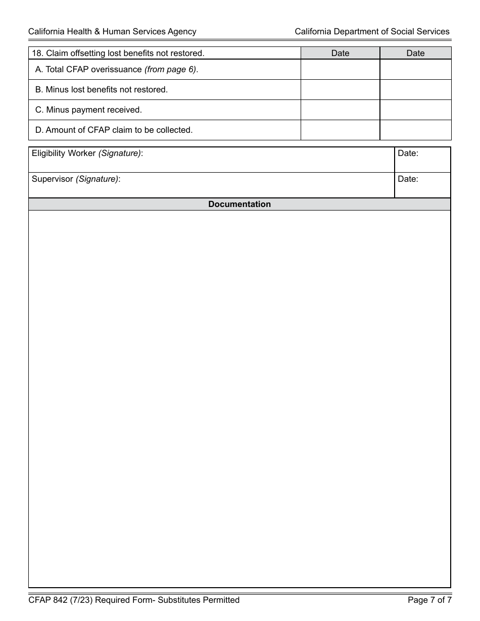 Form CFAP842 State CalFresh Claim Determination Worksheet - California Food Assistance Program (Cfap) - California, Page 7
