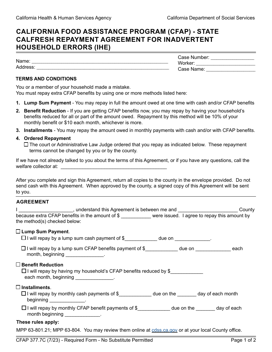 Form CFAP377.7C State CalFresh Repayment Agreement for Inadvertent Household Errors (Ihe) - California Food Assistance Program (Cfap) - California, Page 1
