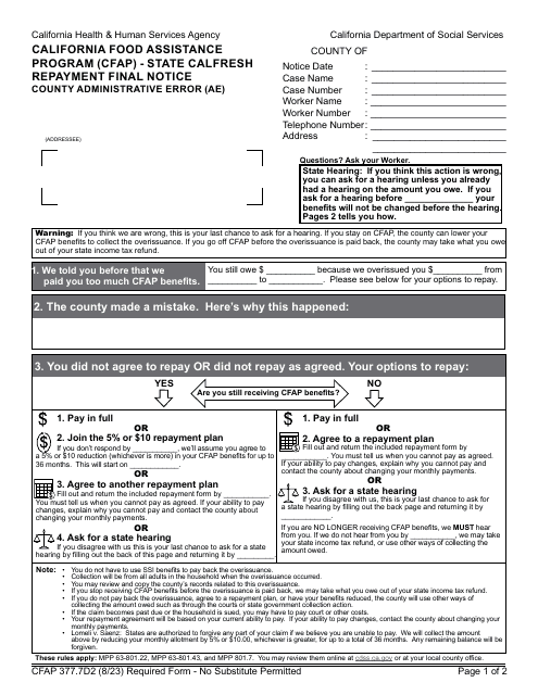 Form CFAP377.7D2  Printable Pdf