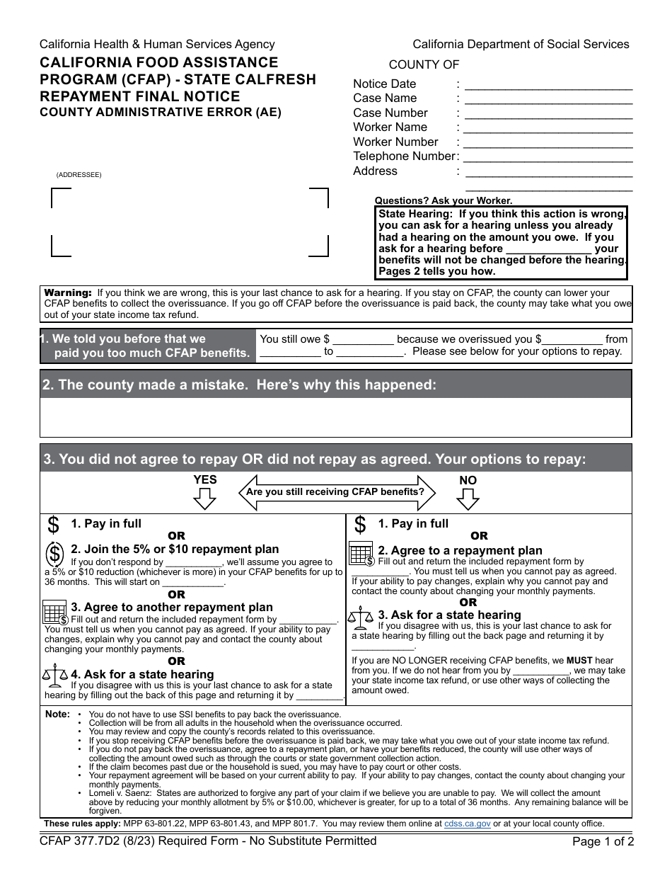 Form CFAP377.7D2 State CalFresh Repayment Final Notice County Administrative Error (AE) - California Food Assistance Program (Cfap) - California, Page 1