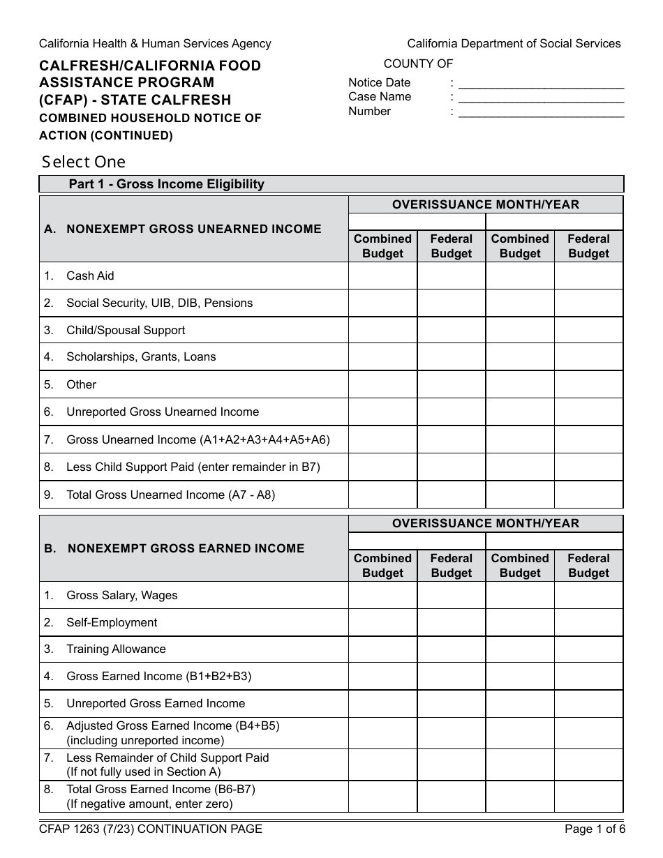 Form CFAP1263 State CalFresh Combined Household Notice of Action (Continued) - CalFresh / California Food Assistance Program (Cfap) - California, Page 1