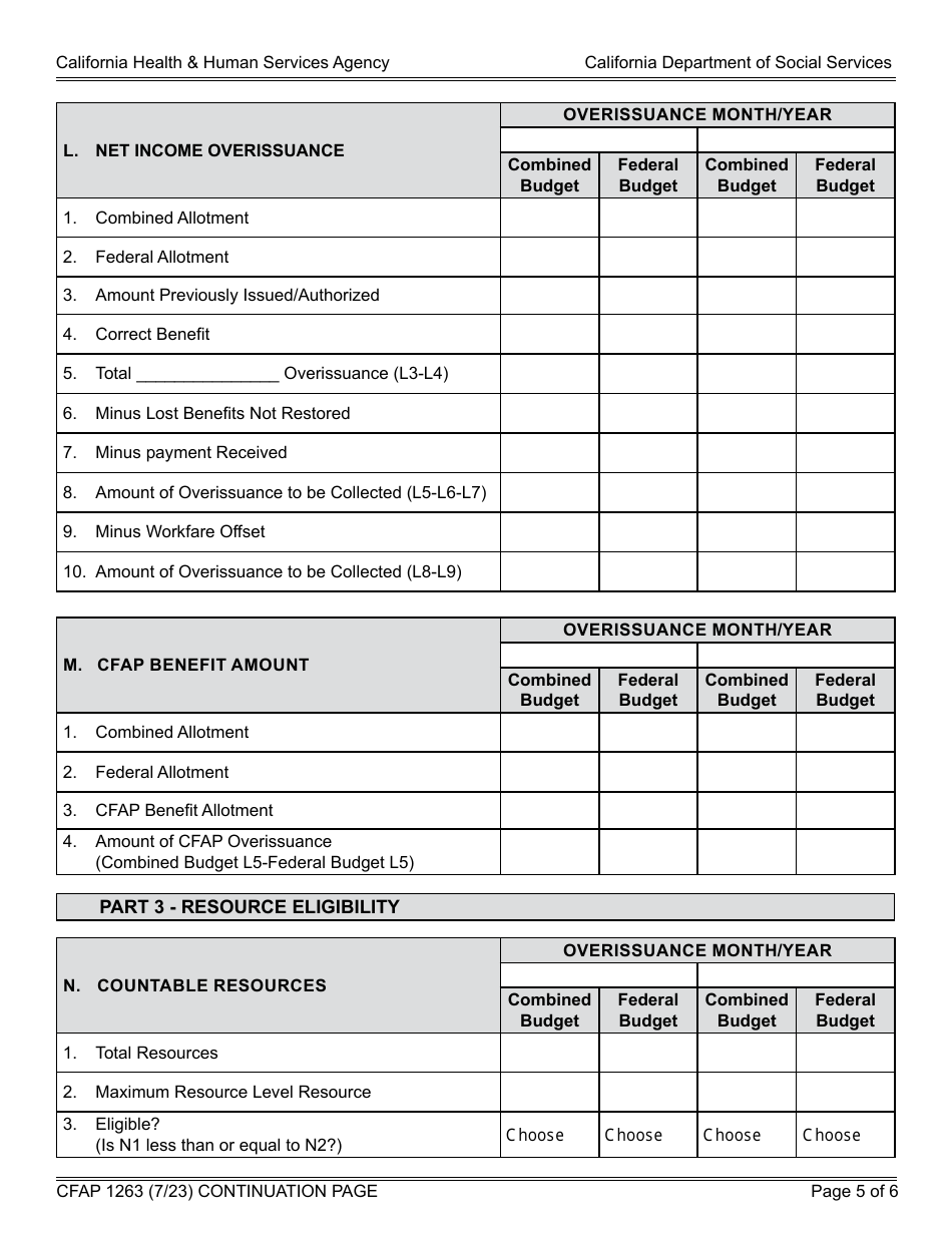 Form CFAP1263 State CalFresh Combined Household Notice of Action (Continued) - CalFresh / California Food Assistance Program (Cfap) - California, Page 5